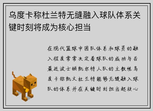 乌度卡称杜兰特无缝融入球队体系关键时刻将成为核心担当